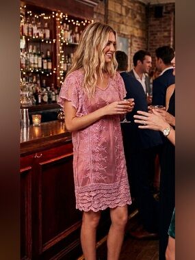 Pink Lace Overlay Dress embroidered with ruffled sleeves sheer